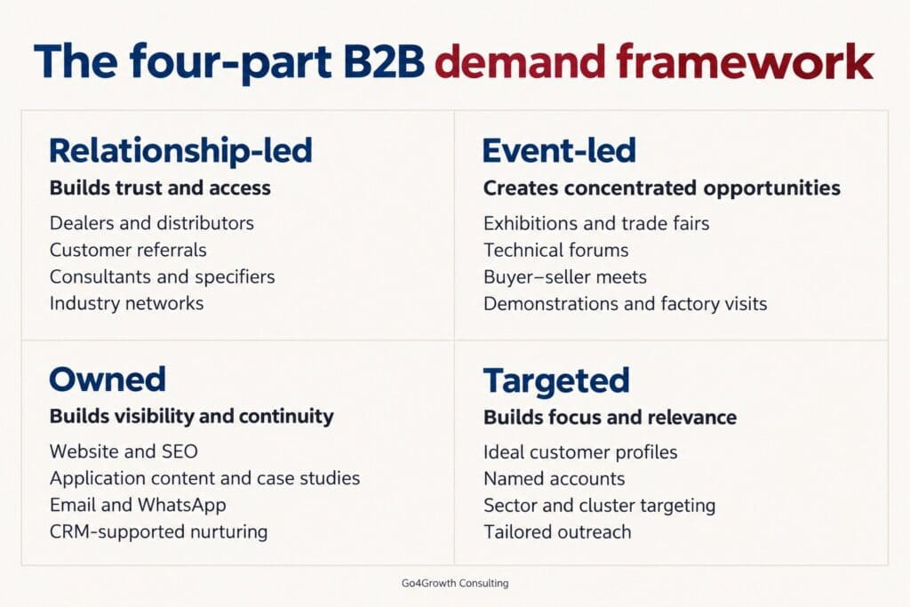 Four-part B2B demand framework showing relationship-led, event-led, owned and targeted demand, their activities and strategic contributions.